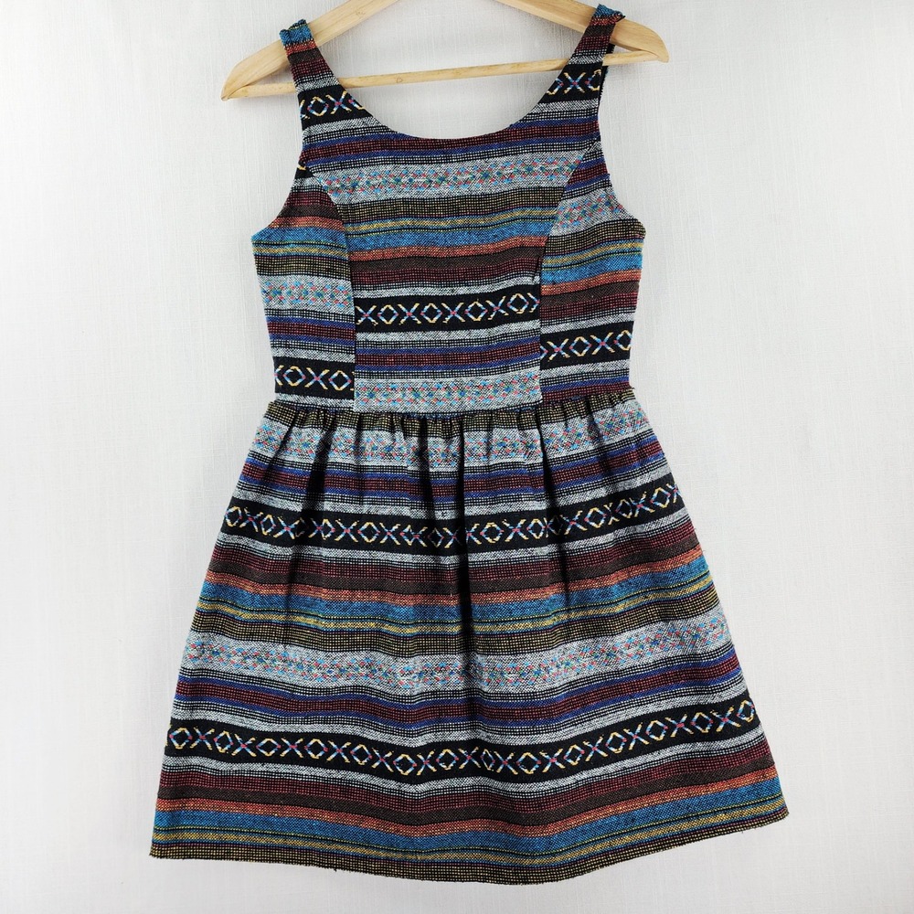 Fit & Flare Dress Womens Small Aztec Tribal Sleeveless Textured Knit Made USA